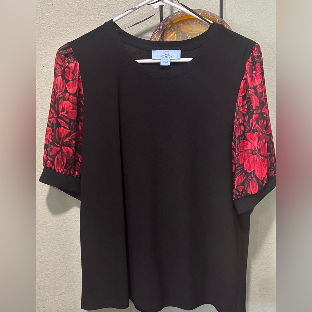 CeCe Black Top with Red Floral Puff Sleeves